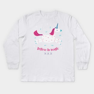 Believe In Magic Beautiful Flying Unicorn With Stars Kids Long Sleeve T-Shirt